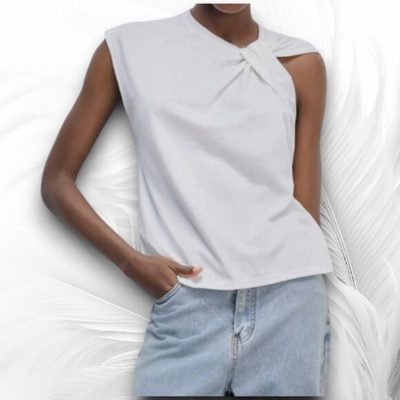Women's White Sleeveless Asymmetrical Top T-Shirt Size: M - Picture 1 of 3
